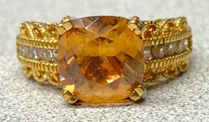 Vintage Sparkling Orange Cushion Cut Gold Pleated Sterling Silver Ring Size 8.75 thumbnail 1