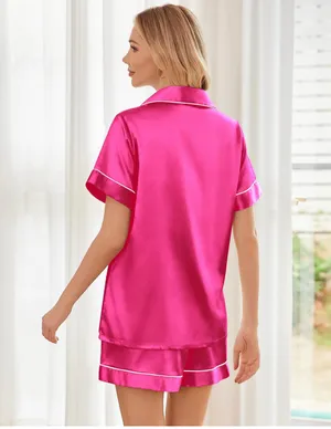 Amazon - Pink satin pajama set with white piping size small good condition thumbnail 2