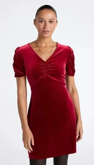 Time and Tru Womens Size Medium 8-10 V-Neck Puff Sleeve Velvet Velour Mini Dress thumbnail 1