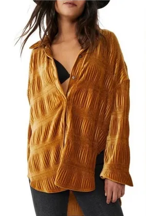 Free People $148 NWT My Best Velvet Blouse Top L/S ginger gold button up M thumbnail 1