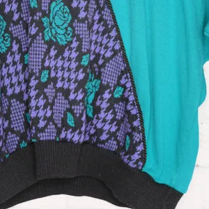 Vintage 80s Purple & Teal Houndstooth Rose Sweater thumbnail 5