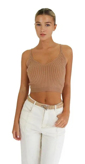 NWT Belle & Bloom Womens Sleeveless All I Need Knit Crop Top Oat Brown L thumbnail 1