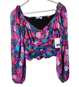 SO Floral Women's Long Sleeve Rusched Front Crop Blouse Sz L NWT thumbnail 2