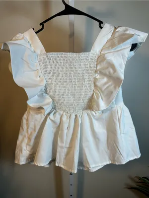 X77. Exquisite Women’s White Ruffle Peplum Top with Blue Embroidery thumbnail 3