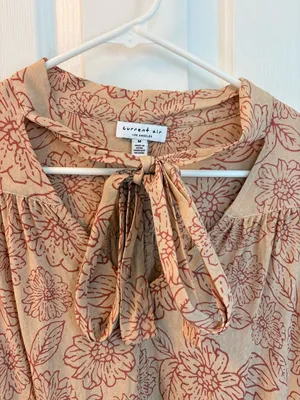 Current Air Floral Tie-Neck Blouse in Tan with Rust Print thumbnail 3