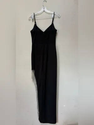 City Triangles Black Rhinestone Fringe Maxi Dress Size 7 Y2K Formal thumbnail 3