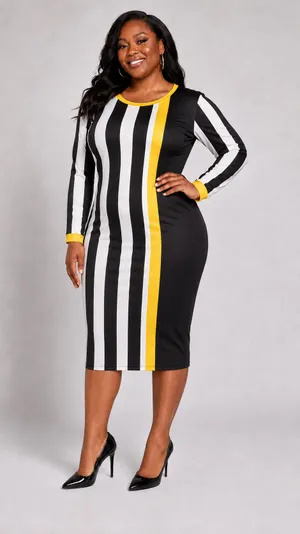 Women's Black & White Stripe Shift Dress with Yellow Trim thumbnail 3