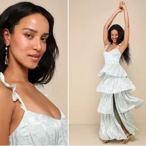 LULU's Flirty Floral Roses Prom Wedding Formal Event Sexy Tiered Ruffles Maxi thumbnail 2