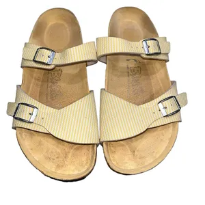 Birkenstock Birki's Aziza Yellow & White Two Strap Slides Sandals 39 8 Narrow thumbnail 2