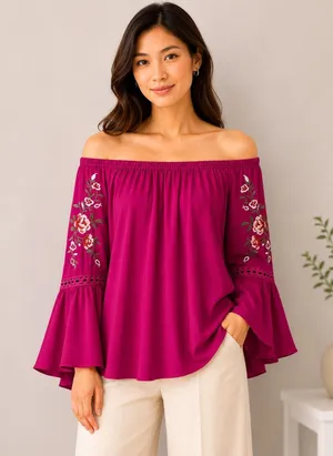 Umgee Magenta Off the Shoulder Embroidered Bell Sleeve Boho‎ Blouse XL Purple thumbnail 1