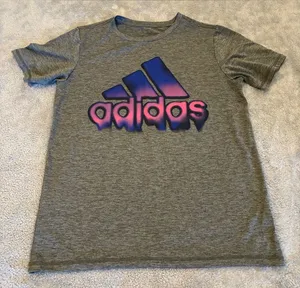 Women’s adidas Gray Short Sleeve Tee with Blue and Purple Gradient Logo Size S thumbnail 1