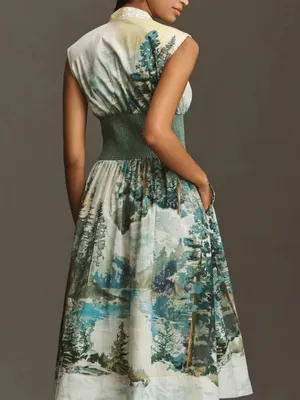 NWT Anthropologie Tommie Zip-Front Midi in Olive Forest Mountain Print Dress M thumbnail 4