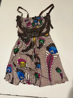 Vintage Sky Multicolor Feather-Print Casual Dress with Braided Brown Waist thumbnail 3