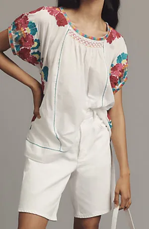 Anthropologie White Peasant Blouse with Pink Teal Yellow Floral Embroidery S NWT thumbnail 1