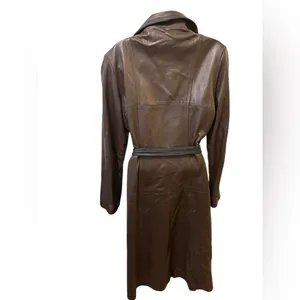 VTG Brown Leather Trench Coat Belted Contrast Trim Minimalist Chic Sz 16 Lined thumbnail 5