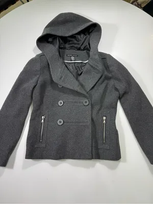New York & Company Wool Blend Dark Gray Hooded Double-Breasted Pea Coat thumbnail 2
