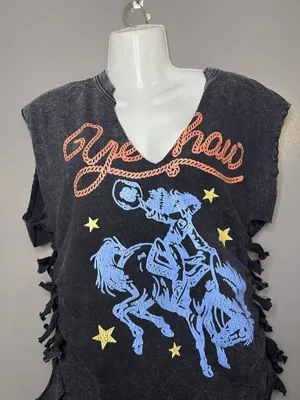 Yeehaw Graphic Shirt Womens Small Black Sleeveless V Neck Western Rodeo Cowgirl thumbnail 1