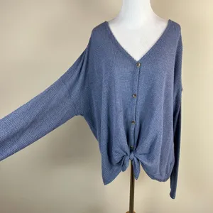 American Eagle Top Womens XL‎ Blue Knit Tie Front Button Up Long Sleeve V-Neck thumbnail 11