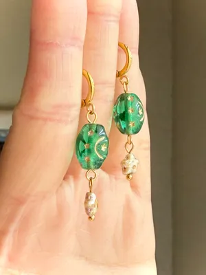 Handmade boho vintage goth grunge fairy whimsical style quality Czech glass moon/star beads stainless earrings🌝🌠💚⭐️ thumbnail 3