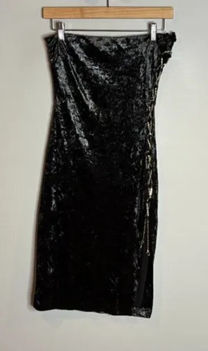 House of CB black velvet strapless gold chain lace up midi dress thumbnail 1