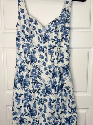 Abercrombie & Fitch Size XST Floral Linen Mini Dress in Blue and White Cotton thumbnail 2