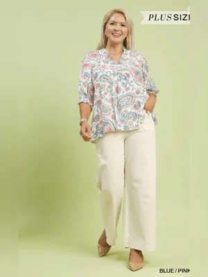 New! Umgee Plus Size Floral Paisley V-Neck Peasant Top - Blue/Pink Size X Large thumbnail 4