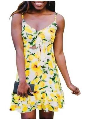 Boohoo‎ Lemon Print Sundress Yellow Fruit Floral Cutout Summer Coquette Vacation thumbnail 1
