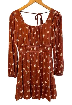 Altar'd State Floral Print‎ Mini Dress Long Sleeve Brown Cottagecore Small thumbnail 1