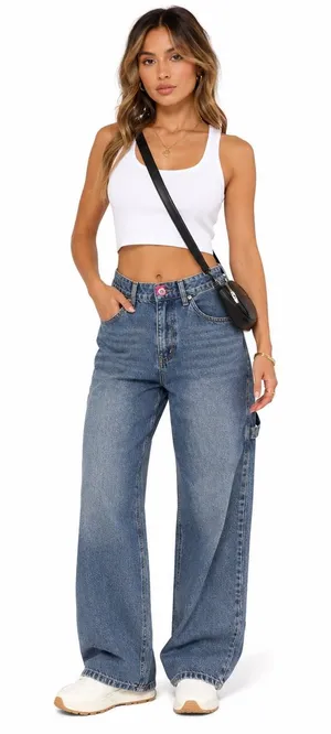Edikted Wide Leg Carpenter Medium Wash Jeans Size M thumbnail 1