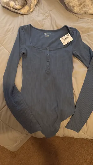 American Eagle Bodysuit Ribbed Long Sleeve Black Snap Thong  thumbnail 3