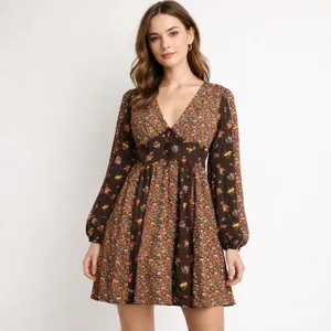 SO Mini Dress XL Brown Mixed Ditzy Floral Print Fit & Flare Cottagecore Prairie thumbnail 2
