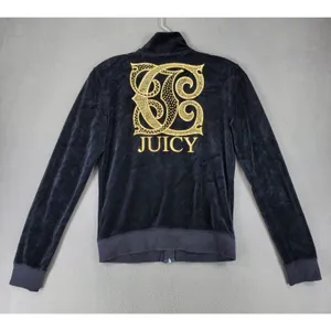 Vintage Y2K Juicy Couture Size M Black Velour Zip Track Jacket Big Logo Full Zip thumbnail 2