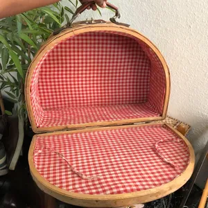 Large Vintage Gingham plaid wooden wicker woven picnic basket handbag duffle suitcase carryon leather handles #cottagecore #fairy #boho #indie thumbnail 1