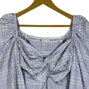 Stradivarius Knot Front Plaid Puff Sleeve Crop Top Blue Cottagecore Size S thumbnail 2