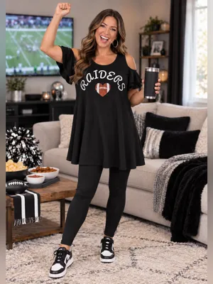 Raiders Cold Shoulder Tunic Dress Black Ruffle Sleeve rhinestones Game Day Large thumbnail 3