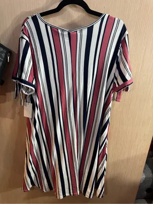 Vibe Vertical Stripe V-Neck Short Sleeve Dress in Wine, Navy & White Size 1X thumbnail 5