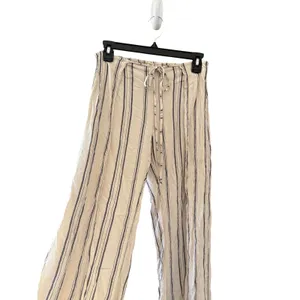 Billabong Womens Striped Wide Leg Linen Blend Pants‎ Cream Navy Blue Coastal L thumbnail 2