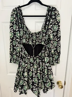 Free People Black Mini Dress with Green & Cream Floral‎ Print thumbnail 2