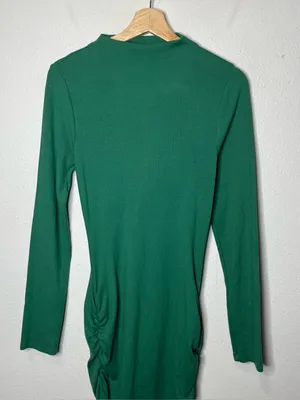 Sundry Ribbed Long Sleeve Mock Neck Ruched Midi Dress in Green thumbnail 4