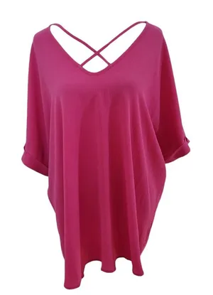 Sami & Jo Hot Pink Short Sleeve Blouse Size 1X Pink Blouse with Strappy Front thumbnail 1