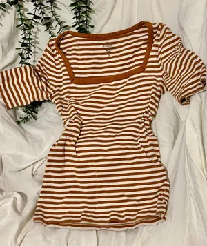J.Crew "Perfect Fit" Brown & Cream Striped Square Neck Top - Small thumbnail 1