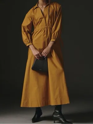 Anthropologie Maeve Mustard Yellow Cinched Waist Long Sleeve Shirt Maxi Dress M thumbnail 13