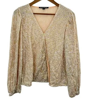 Boston Proper Sequin Wrap Blouse Long Sleeve Metallic Gold‎ Beige New Years Eve thumbnail 1