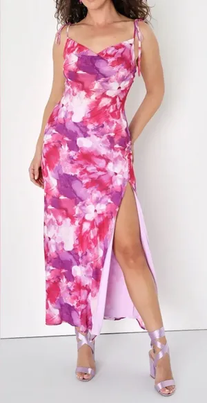 Lulus‎ Positively Serene Magenta Floral Cowl Neck Tie-Strap Maxi Dress Size M thumbnail 1