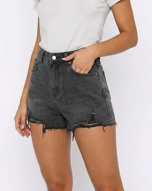 White Fox Denim Shorts Gray / Black Distressed Raw Hem High Rise Size M NWT thumbnail 1