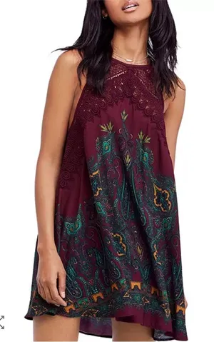 Free People Shea Printed Mini Burgundy‎ and Green Halter Dress size S thumbnail 1