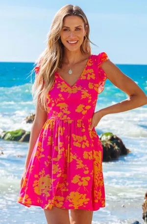 Cupshe Pink & Orange Floral Flutter Sleeve Mini Dress Sz M thumbnail 1