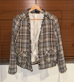 Zara Brown Plaid Fringe-Trim Tweed Jacket thumbnail 1