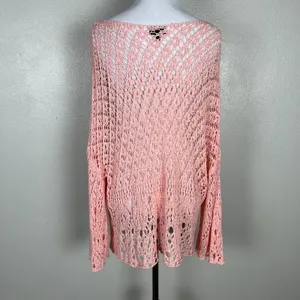 Coco Carmen Crochet Sweater OS Pink Open Knit Pullover Oversized‎ Beachy Relaxed thumbnail 7