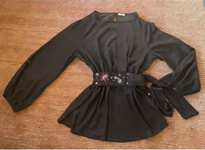 Oddy Embroidered Waist Tie Cupro Blend Black Women Long Sleeve Blouse Xl thumbnail 1